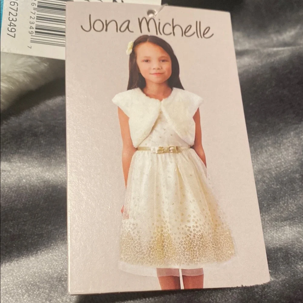 Jona Michelle, Elegant Ivory dress with Gold Bow.